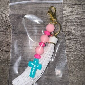 White and Pink Beaded Keychain with Cross